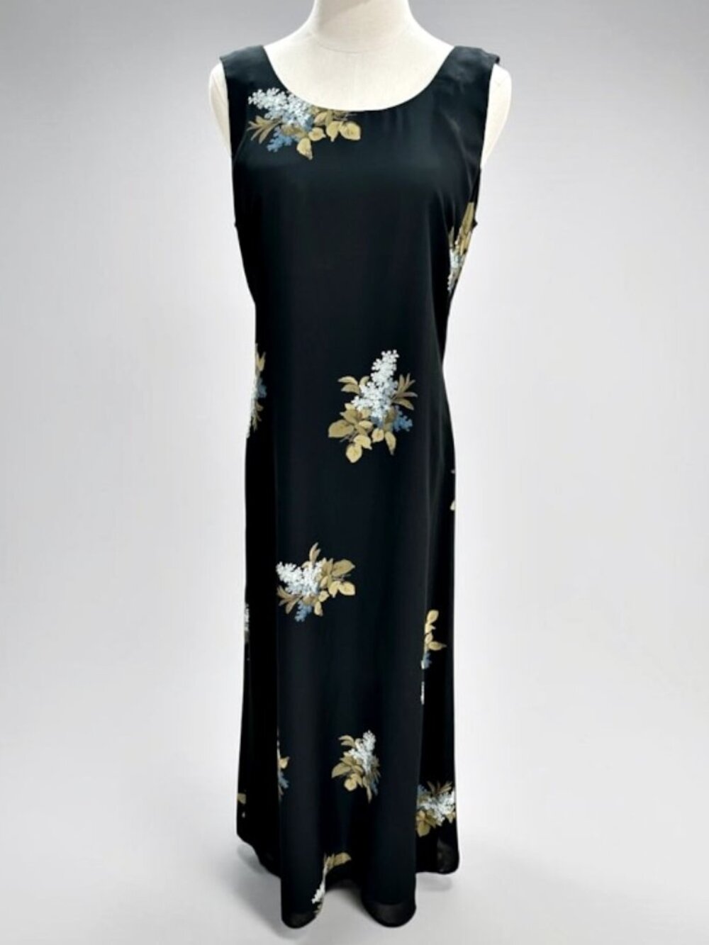 Vintage Donna Ricco Black Dark Floral MAXI Dress 10 Open Back Bow A-line 90s USA